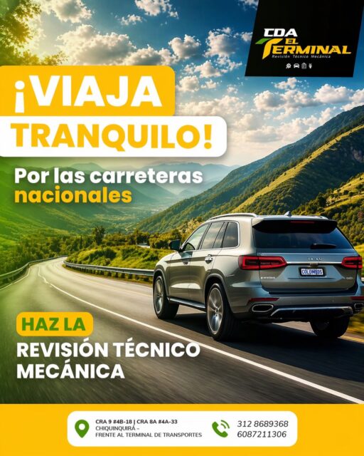 Viaja con tranquilidad por las carreteras 🚗💨
Antes de salir, asegúrate de tener tu revisión técnico mecánica al día.
En CDA EL TERMINAL te atendemos rápido, sin filas y con opción de financiación.

📍 Cra 9 #4B-18 | Cra 8A #4A-33
Chiquinquirá – Frente al terminal de transportes
Escríbenos para más información 
📲3128689368 - 6087211306