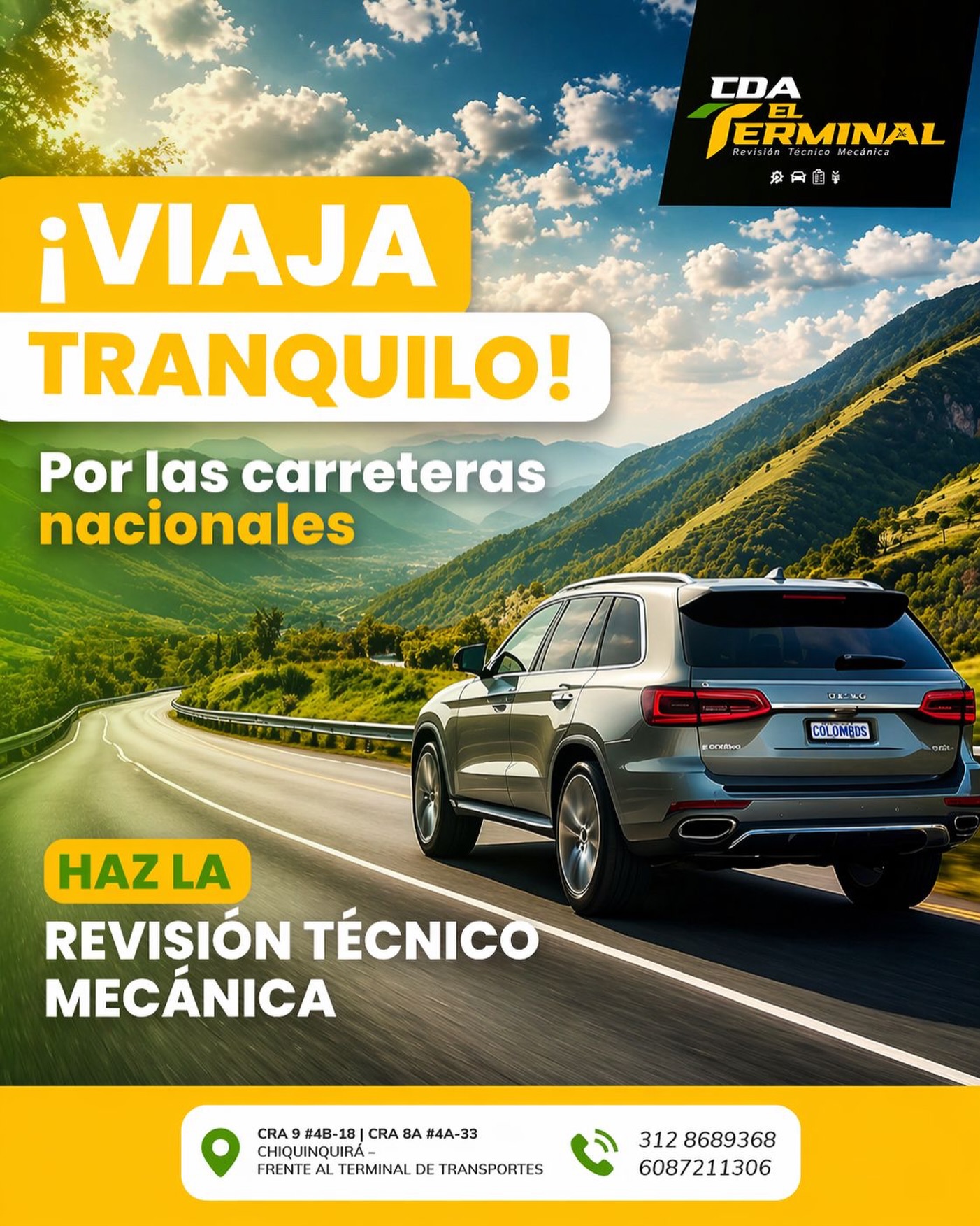 Viaja con tranquilidad por las carreteras 🚗💨
Antes de salir, asegúrate de tener tu revisión técnico mecánica al día.
En CDA EL TERMINAL te atendemos rápido, sin filas y con opción de financiación.

📍 Cra 9 #4B-18 | Cra 8A #4A-33
Chiquinquirá – Frente al terminal de transportes
Escríbenos para más información 
📲3128689368 - 6087211306