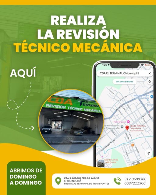 🚗✅ ¿Tu técnico mecánica está vencida o próxima a vencer?
Hazla fácil y rápida  en CDA EL TERMINAL 🙌

📍 Estamos ubicados frente al Terminal de Transportes de Chiquinquirá
🕒 Atención de domingo a domingo
✔️ Revisión técnico mecánica para carros y motos
✔️ Atención ágil y confiable

Porque tu seguridad y la de todos en la vía sí importa 💛💚

📞 312 868 9368 – 608 721 1306
📍 Cra 9 #4B-18 | Cra 8A #4A-33, Chiquinquirá

#Tecnomecánica #Chiquinquirá #RevisionTecnicoMecanica CDA SeguridadVial Carros Motos RTM