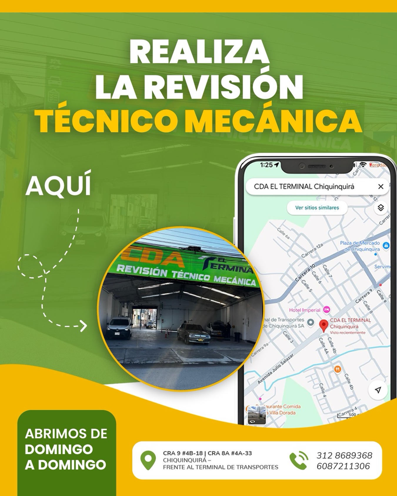 🚗✅ ¿Tu técnico mecánica está vencida o próxima a vencer?
Hazla fácil y rápida  en CDA EL TERMINAL 🙌

📍 Estamos ubicados frente al Terminal de Transportes de Chiquinquirá
🕒 Atención de domingo a domingo
✔️ Revisión técnico mecánica para carros y motos
✔️ Atención ágil y confiable

Porque tu seguridad y la de todos en la vía sí importa 💛💚

📞 312 868 9368 – 608 721 1306
📍 Cra 9 #4B-18 | Cra 8A #4A-33, Chiquinquirá

#Tecnomecánica #Chiquinquirá #RevisionTecnicoMecanica CDA SeguridadVial Carros Motos RTM