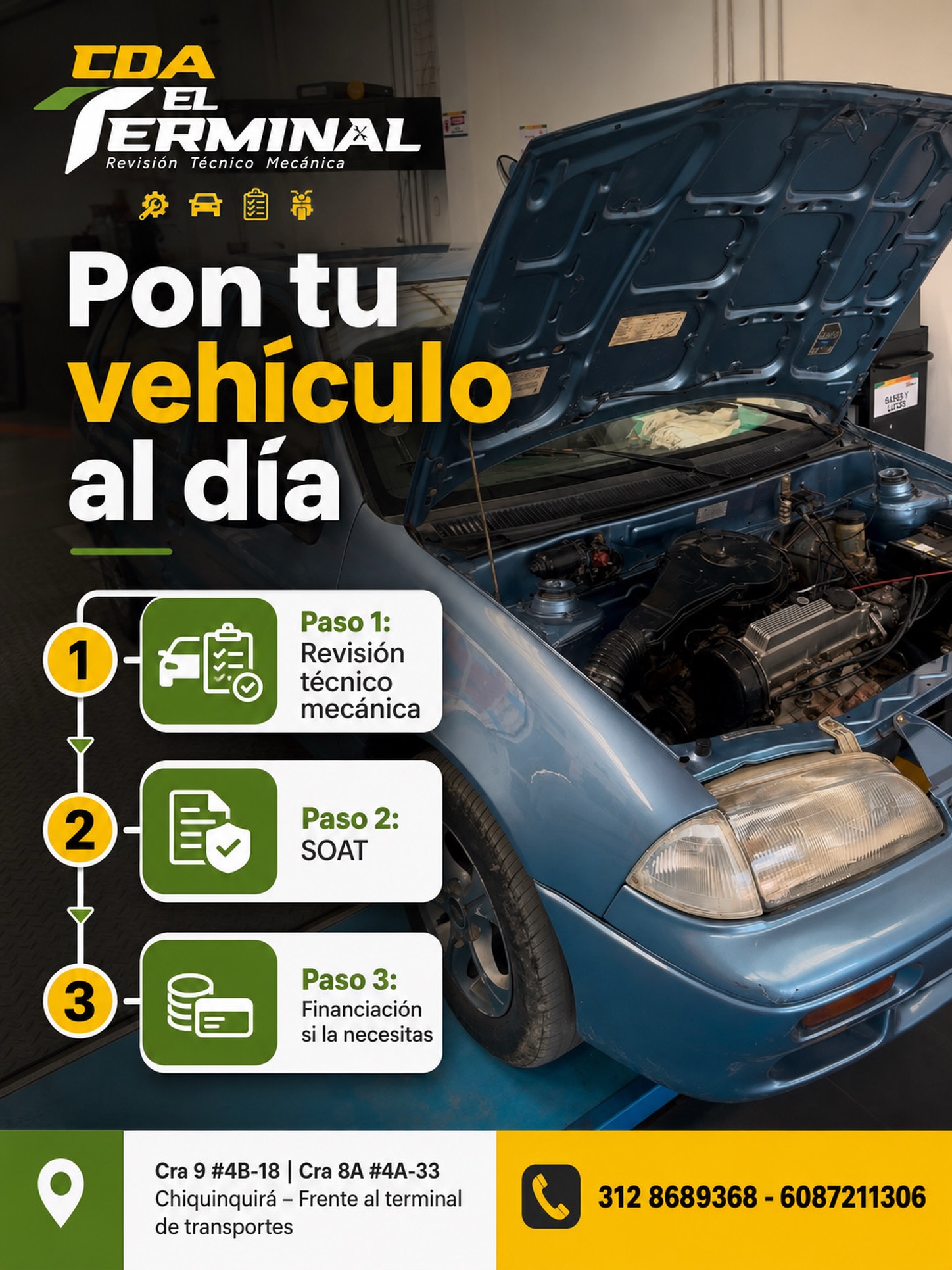 🚗✅ Pon tu vehículo al día en un solo lugar

En CDA EL TERMINAL te ofrecemos todo lo que necesitas para circular tranquilo y cumplir con la normatividad:

🔧 Revisión Técnico Mecánica
📄 SOAT
💳 Opciones de financiación si las necesitas

Evita multas, inconvenientes en la vía y mantén tu vehículo en óptimas condiciones.

📍 Chiquinquirá – Frente al Terminal de Transportes
📞 312 868 9368 - 608 721 1306

Tu seguridad comienza con una revisión a tiempo. 🚘💚💛

.

#CDAElTerminal #RevisionTecnicoMecanica #RTM #SOAT SeguridadVial Chiquinquira VehiculoAlDia