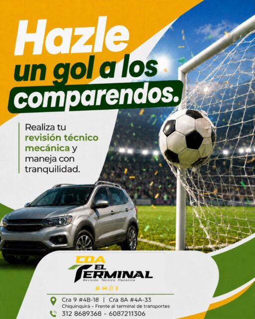 ⚽🚗 ¡Hazle un gol a los comparendos! 🚗⚽

No dejes que una revisión técnico mecánica vencida te saque tarjeta roja. Mantén tu vehículo al día y conduce con tranquilidad, seguridad y cumplimiento.

✅ Atención ágil
✅ Personal calificado
✅ Resultados confiables
✅ Ubicación estratégica

Visítanos en CDA EL TERMINAL y pon tu vehículo en modo campeón. 🏆

📍 Cra 9 #4B-18 | Cra 8A #4A-33
Chiquinquirá – Frente al terminal de transportes
📞 312 868 9368 – 608 721 1306