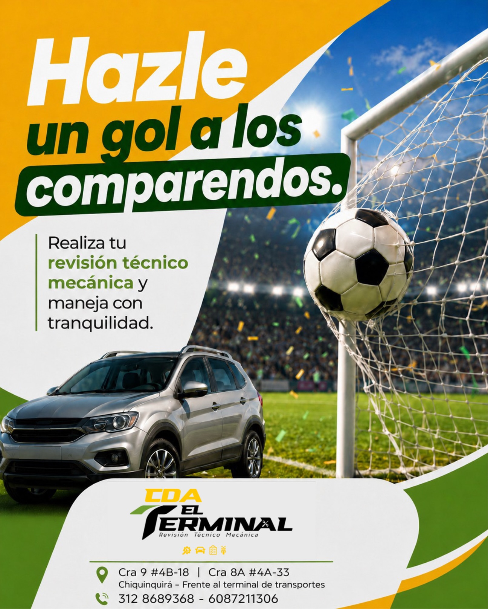 ⚽🚗 ¡Hazle un gol a los comparendos! 🚗⚽

No dejes que una revisión técnico mecánica vencida te saque tarjeta roja. Mantén tu vehículo al día y conduce con tranquilidad, seguridad y cumplimiento.

✅ Atención ágil
✅ Personal calificado
✅ Resultados confiables
✅ Ubicación estratégica

Visítanos en CDA EL TERMINAL y pon tu vehículo en modo campeón. 🏆

📍 Cra 9 #4B-18 | Cra 8A #4A-33
Chiquinquirá – Frente al terminal de transportes
📞 312 868 9368 – 608 721 1306