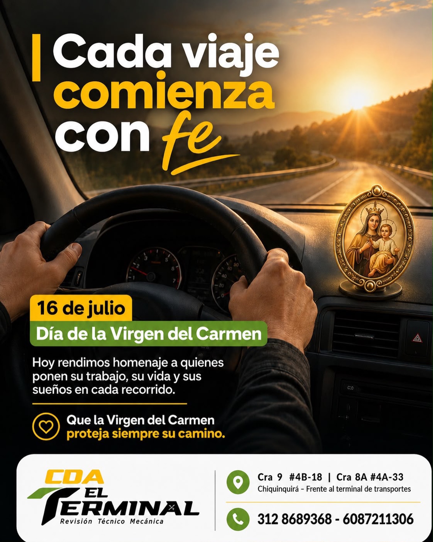 🚘🙏 Todo gran viaje comienza con fe… y continúa con responsabilidad.

Hoy rendimos homenaje a quienes hacen del volante su profesión y recorren kilómetros llevando personas, sueños y oportunidades.

Que la Virgen del Carmen los acompañe, los proteja y los guíe en cada trayecto.

En CDA El Terminal seguimos comprometidos con la seguridad vial para que siempre puedas regresar a casa.

¡Feliz Día de la Virgen del Carmen! 💚
