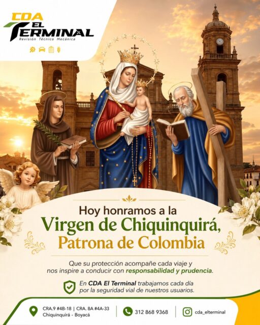 Hoy celebramos con profunda devoción a Nuestra Señora del Rosario de Chiquinquirá, Patrona de Colombia! 🇨🇴

✝️ Que su manto sagrado nos cubra y nos guíe en cada camino. 
🌿En CDA El Terminal, nos unimos a la alegría de esta gran fiesta mariana.

✨ Recuerda conducir con responsabilidad y prudencia, llevando siempre la bendición de la Virgen en tus viajes.

🚗Consulta nuestros horarios para planificar tu revisión técnico-mecánica.🏍️

#VirgenDeChiquinquirá #PatronaDeColombia #CDAElTerminal #SeguridadVial #Chiquinquirá